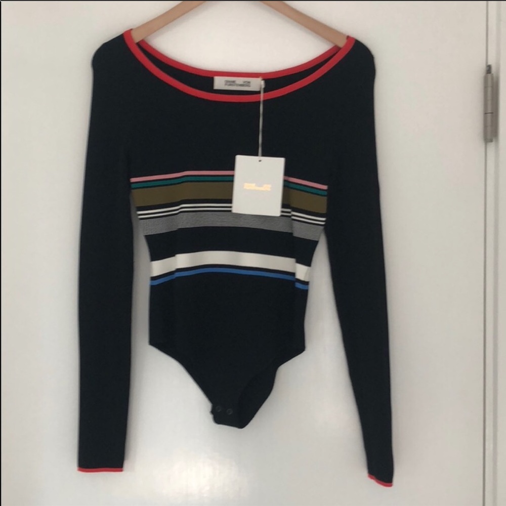 NWT DVF Black Multi-Color Striped LS Bodysuit